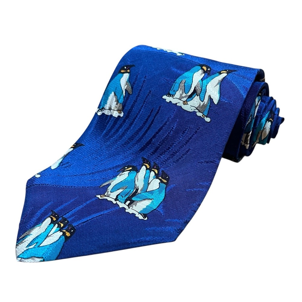 Ralph Lauren Chaps Vintage 100% Silk Neck Tie Blue with Emperor Penguins